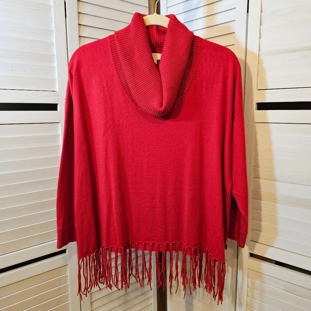 Michael Kors, Plus Size 3XL, Red Cowl Neck Sweater with Fringed Hem